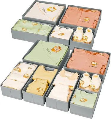 Produktbild von PolkaHome® Aufbewahrungsboxen Set 12-teilig – Faltbare Stoffboxen für Kleiderschrank, Schubladen, Socken, Unterwäsche, Grau