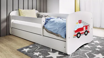 Produktbild von Kinderbett Jugendbett Löschzug 70x140, 80x160, 80x180 cm - Komplettset mit Matratze, Schublade & Rausfallschutz