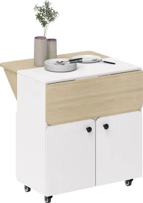 Produktbild von Klapptisch Rollschrank mit 2 klappbaren Tischplatten, Schubladenschrank, 4 Rollen, Weiß & Naturholz, 70x83x75cm, platzsparend & mobil