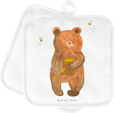 Produktbild von Mr. & Mrs. Panda Topflappen Bär Honig - Weiß - Geschenk, Topfuntersetzer, topfhalter, Freund, Partner, Set, Teddy, Liebe, Kochlappen, Ofenlappen