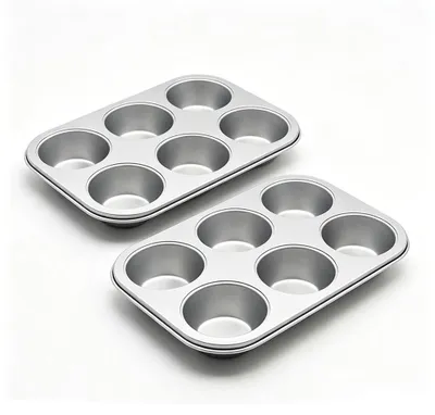 Image de Moules à muffins et à cupcakes, lot de 2. Moule à muffins pour 6 muffins, idéal pour la pâtisserie. Moules à cupcakes antiadhésifs en acier au carbone, parfaits pour la famille et les fêtes