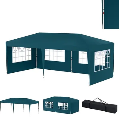 Image de Pavillon de jardin pliable 3x6 mètres, avec 6 panneaux latéraux, hauteur réglable de 2,45 à 2,55 mètres, idéal pour les fêtes en extérieur, les jardins et les mariages. Protection UV, imperméable, couleur vert foncé