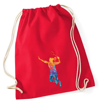 Produktbild von Huuraa Turnbeutel Badminton bunte Silhouette 12 Liter Classic Red Baumwolle Rucksack Geschenkidee