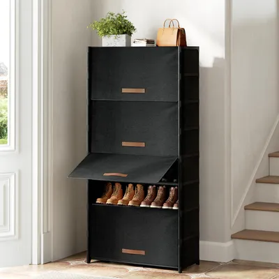 Produktbild von FABATO 9-stufiger Schuhschrank mit Tür – Stauraum für 36 Paar Schuhe | Kunststoff-Schuhregal für Diele, Flur & Schlafzimmer in Schwarz