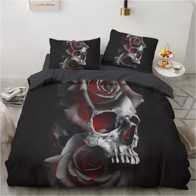 Obrázek produktu pro Sada povlečení s motivem lebky a růží, rozměr 200x220 cm, 3dílná, mikrovlákno, se zipem
