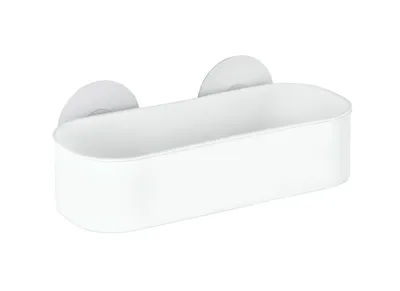 A white bathroom shelf with two suction cups for mounting.