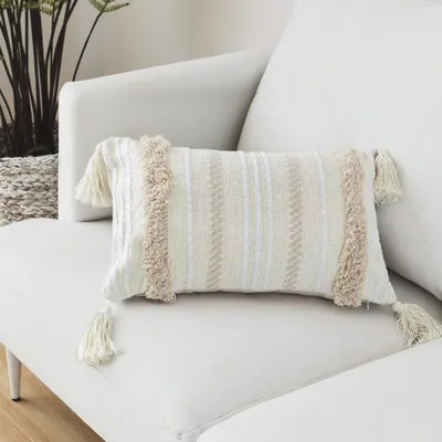 Produktbild von LOMOHOO Boho Throw Kissenbezug Kissen Tufted Tassel Woven Decorative Kissenbezug für Couch Sofa Schlafzimmer Wohnzimmer Draussen Hellgelb (Beige and Yellowy, 30cm x 50cm, 1 Stück)