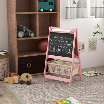 Image de Chevalet 3-en-1 pour enfants avec ardoise, tableau blanc, rouleau de papier, motif animalier rose | 54 x 46,5 x 93 cm | MDF et bois de pin | à partir de 3 ans