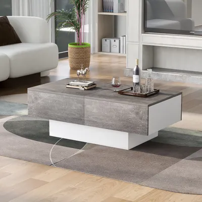 Produktbild von MODFU Couchtisch Sofatisch, Wohnzimmer Hochglanz mit ausziehbarem Tisch und Stauraum, Grau