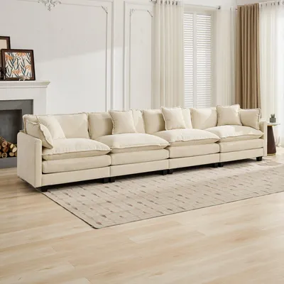 Produktbild von Cloud-Sofa 4 Plätze (ohne Stuhlschläger), moderne Kombinationssofa für Wohnzimmer, Schlafzimmer und Wohnung, bequeme Doppelschicht-Kissenkissen, 80 % atmungsfreier Schneier Stoff, Beige, DE5014BG