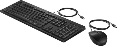 A black HP wired keyboard and mouse set on a white background.