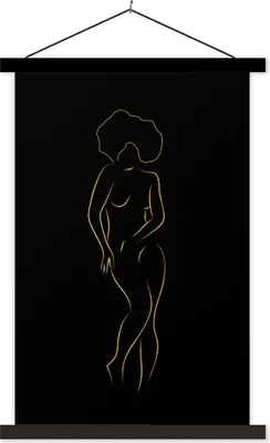Produktbild von MuchoWow® Textilposter Frau - Gold - Schwarz - Strichzeichnung 120x180 cm mit schwarzem Rahmen - Fotos