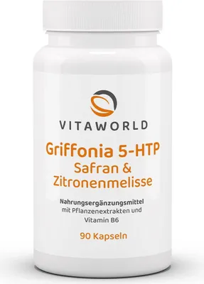 Produktbild von Vitaworld Griffonia 5-HTP Safran & Zitronenmelisse | 90 Kapseln | mit Vitamin B6 | vegan | ohne Zusätze
