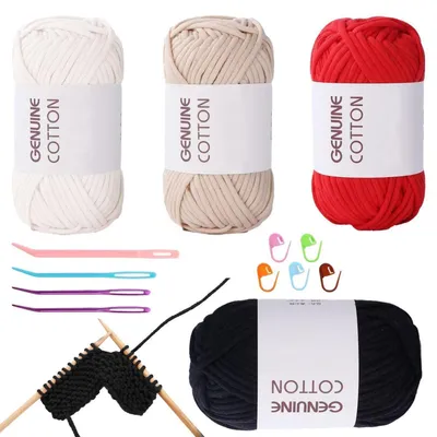 Produktbild von Häkelgarn für Anfänger, 4 Stück, Baumwoll-Nylon, Weiß+Beige+Rot+Schwarz, mit Zubehör
