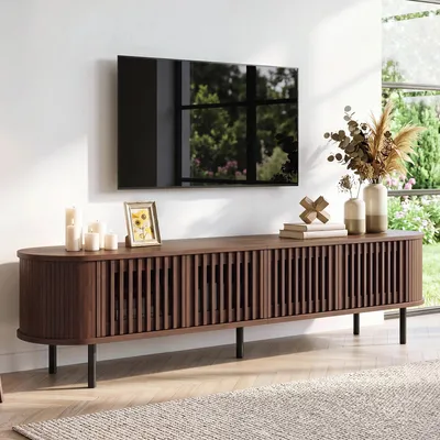 Image de Meuble TV Merax avec 4 portes en MDF, meuble bas pour téléviseur jusqu'à 75 pouces, table TV avec gestion des câbles et pieds en métal, porte battante incurvée, finition noyer
