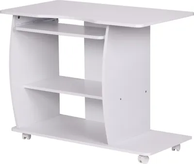 A white computer desk with shelves and wheels, shown from a slightly angled front view against a white background.