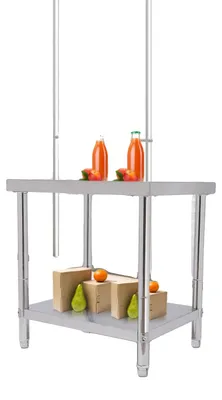 Image de Table de travail, en acier inoxydable (201), dimensions 76*60*80 cm, capacité de charge de 400 kg, 2 niveaux, pieds réglables en hauteur (1 cm)