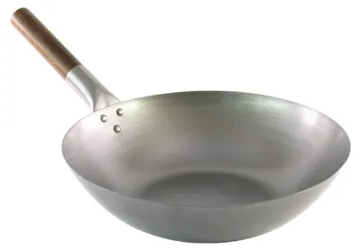 Wokpfanne aus Kohlenstoffstahl Ø 32,5 cm, flacher Boden, Holzgriff