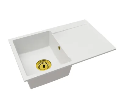 Produktbild von Granitspüle Einbecken mit Abtropffläche Roxy – Weiß mit goldenem Siphon
