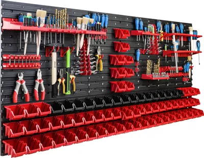 Image de Système de rangement Étagère d'atelier | 172 x 78 cm | 72 pièces Boîte | Étagère murale avec supports pour outils et boîtes empilables - Panneaux muraux Étagère à bacs extra-robuste Panneau perforé pour outils Étagère de rangement Étagère de garage