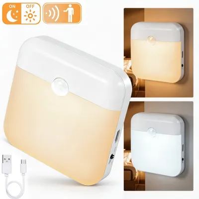 Obrázek produktu pro 3x LED noční lampička s pohybovým senzorem, USB, dobíjecí, stmívatelné světlo, teplá bílá + studená bílá, vhodné pro schody, skříně
