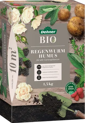 Produktbild von Dehner Bio Regenwurm-Humus, hochwertiger Universaldünger, Dünger für Gartenpflanzen, 100 % natürlich, organischer NPK-Dünger, mit Spurennährstoffen, 1.5 kg