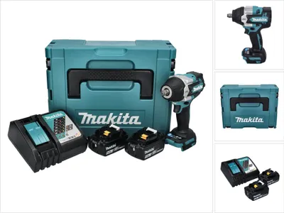 A collage of images showing a Makita cordless impact wrench kit, including the tool, batteries, charger, and case.