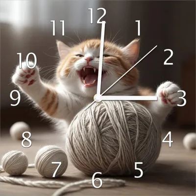 Produktbild von Wallario Design Wanduhr Katze mit Wollknäuel aus Echtglas, Größe 30 x 30 cm