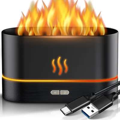 A black humidifier with a flame effect and USB cables.