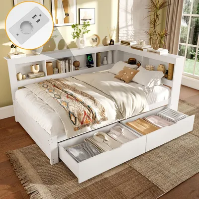 Produktbild von Flieks Holzbett Schlafsofa Tagesbett 140x200cm mit 2 Schubladen, Jugendbett Kinderbett mit Ladefuntion (USB & Steckdose), Doppelbett Daybett, Weiß