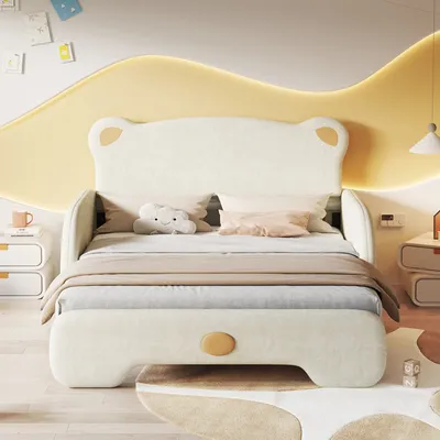 Produktbild von MODFU Kinderbett Polsterbett 140x110cm/200cm, Schlafsofa Daybett für Teenager,Ausziehbett in Bärenkopfform mit lattenrost, Samt Beige(Ohne Matratze)