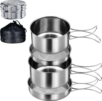 Produktbild von OKWISH Campinggeschirre, Camping Kochgeschirr Set, 4-teiliges Edelstahl Kochgeschirr für Outdoor, Robuste Töpfe und Pfannen für Camping, Wandern und Outdoor-Aktivitäten