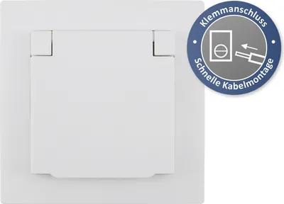 Produktbild von Schutzkontakt-Steckdose McPower "Flair", 250V/16A, UP, Klemmanschluss, Klappdeckel, IP44, weiß, matt