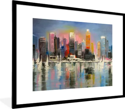 Produktbild von MuchoWow® Gerahmtes Poster Gemälde - Öl - Skyline - Wasser 80x60 cm - Poster mit Schwarzem Bilderrahmen Wandposter Rahmen Foto Bilder - Schlafzimmer-Dekorationen - Fotoposter