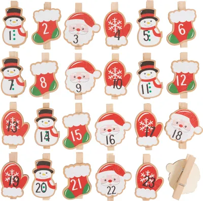 Produktbild von Adventszahlen Frosty aus Holz mit Schneemann, Strumpf, Weihnachtsmann und Handschuh, inkl. praktischer Holzklammern für Adventskalender
