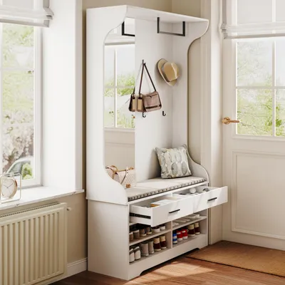 Produktbild von Kleiderschrank – Mit Spiegel – Weißes Holz – 100x35x180 cm – Für Schlafzimmer und Flur