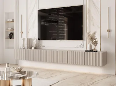 Image de Meuble TV bas Idohome Angel 300 cm cachemire mat - Meuble TV, meuble suspendu, LED, Push-to-Open, meuble TV, façade rainurée, meuble multimédia, salon
