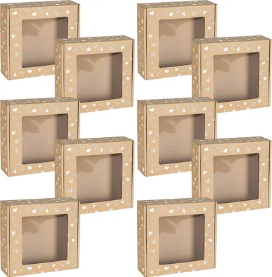 Produktbild von Quadratische Mailer-Box mit Sichtfenster, Geschenkschachtel mit weißem Herzaufdruck 20x20x5 cm x10