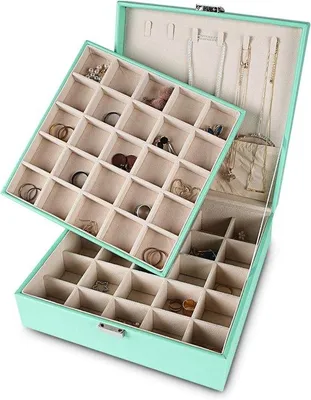 Imagen del producto de Caja de joyería de turmalina con 50 compartimentos y asas para collares: Elegante joyero con doble cristal en la cubierta y ventanas.