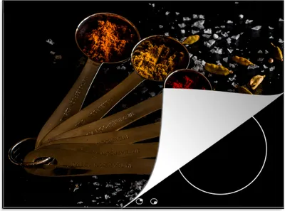 Produktbild von KitchenYeah© Herdabdeckplatte Gewürze - Löffel - Salz - Gewürze - Schwarz , 71x52cm, Küche Deko, Glaskeramikkochfeld Herdabdeckung, Abdeckplatte fùr Kochfeld