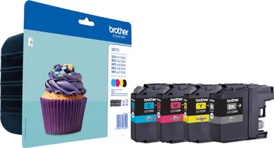 A package of Brother ink cartridges and the cartridges themselves are shown.