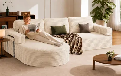 Produktbild von Ecksofa Cord 265cm, Schlafsofa L-Form mit Abgerundeter Chaise Longue, Links- oder Rechtsausrichtung nach Wunsch, Cremeweiß