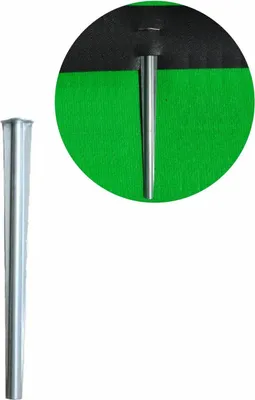 A close-up of a metal stake for garden edging, with a magnified view showing it inserted into green fabric with a black border.