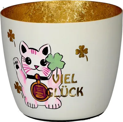 Produktbild von Gift Company Madras Windlicht M Viel Glück weiß/gold 8,5cm