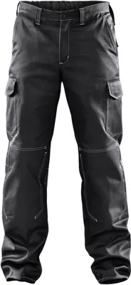 A pair of black cargo pants is shown against a white background.
