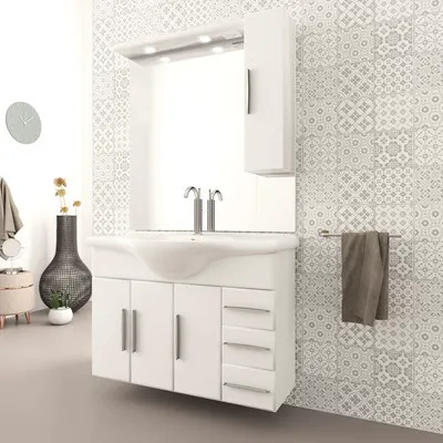 A modern bathroom vanity with a sink and mirror.