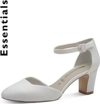 A white pump shoe with an ankle strap and block heel, shown from a side-diagonal angle against a white background.