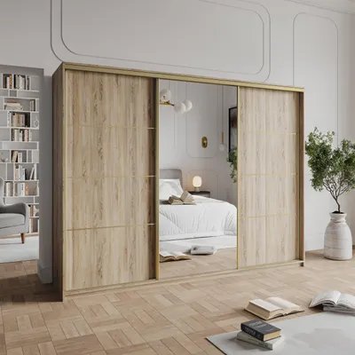 Produktbild von Masseno Schiebetürenschrank VARO 250/205/60 cm Kleiderschrank mit 4 Schubladen Schlafzimmer Schrank 3-türig mit Spiegel Sonoma Eiche