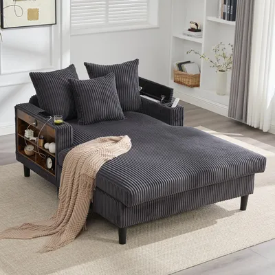 Produktbild von Multifunktionale Cord-Lounge mit Chaiselongue, Dunkelgrau, LED, USB