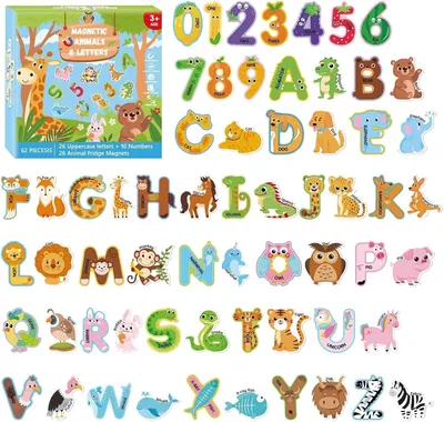 Imagen del producto de Juego de imanes con animales, letras y números, de 62 piezas, para nevera y pizarra